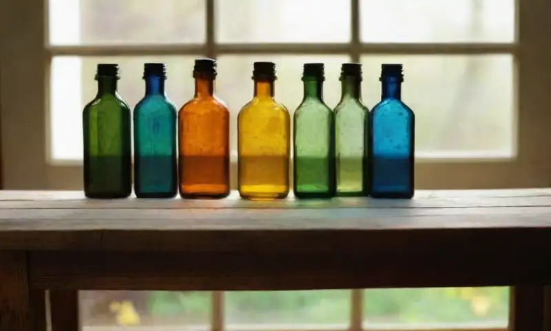 Un taller soleado y desordenado rebosa de botellas recicladas coloridas y una atmósfera creativa iluminada por luz natural