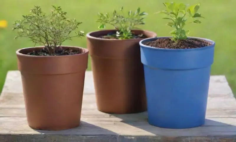 Una escena al aire libre con una vibrante jardinera de botellas plásticas pintadas