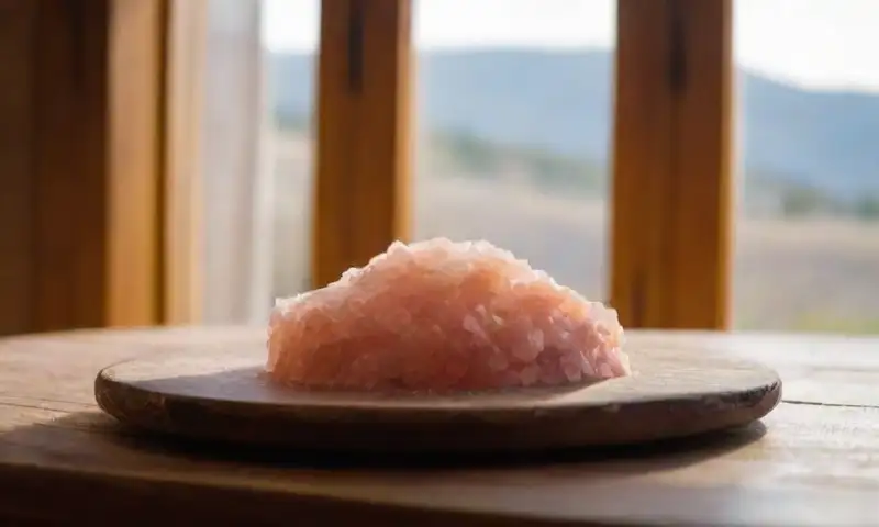 Una losa translúcida de sal rosa del Himalaya resplandece junto a hierbas secas y un cristal, creando un ambiente cálido y acogedor