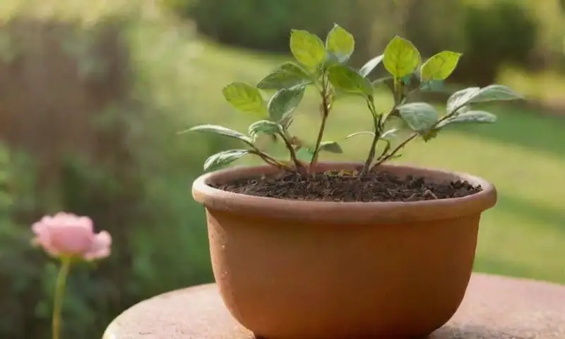 Un jardín iluminado por el sol, con tierra fresca y recortes de rosas en un ambiente cálido y acogedor