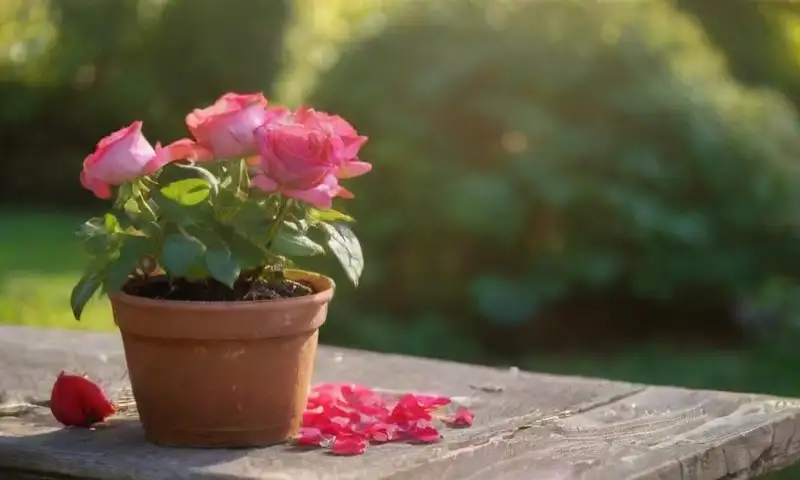 Un sereno jardín con rosas vibrantes y un jardinero cuidando sus plantas bajo el cálido sol
