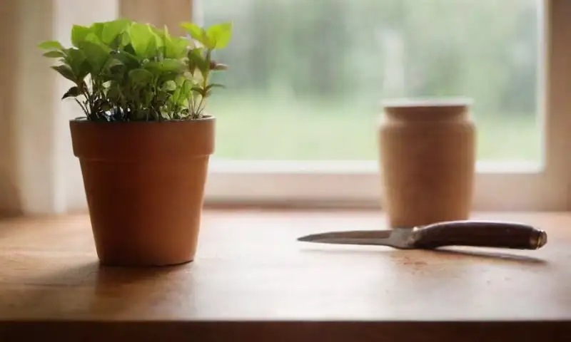 Una mesa rústica de madera con luz solar, flores de rosa y herramientas de jardinería, crea un ambiente acogedor