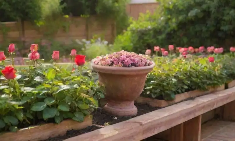 Un jardín iluminado por el sol presenta esquejes de rosas frescas en filas, rodeados de macetas de terracota, herramientas de jardín y un ambiente tranquilo con el aroma de rosas en plena floración