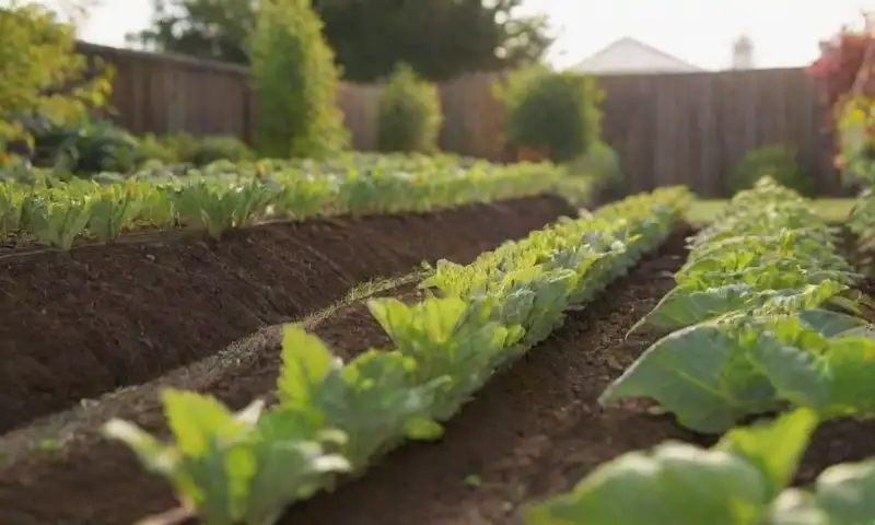 Un jardín vibrante y sereno, con tierra rica y bien preparada, plantas verdes y flores, todo iluminado por una suave luz dorada