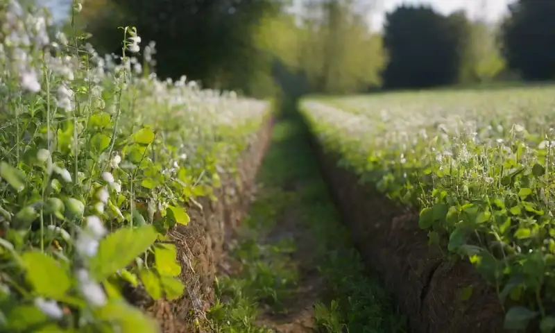 Un vibrante jardín de guisantes verdes crece bajo un cielo azul, con flores blancas y gotas de rocío, en un ambiente armónico y cuidado