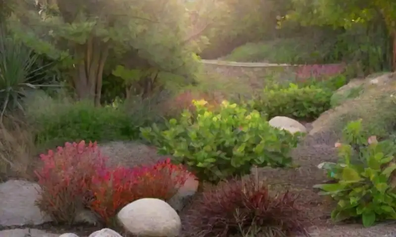 Un jardín soleado y vibrante con plantas resistentes