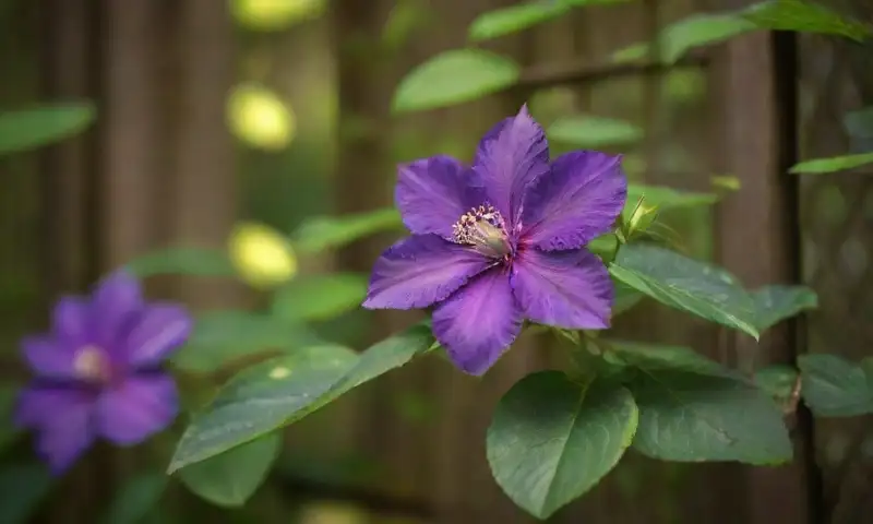 Rosas clemátides moradas destacan entre hojas verdes y suaves sombras en un jardín soleado