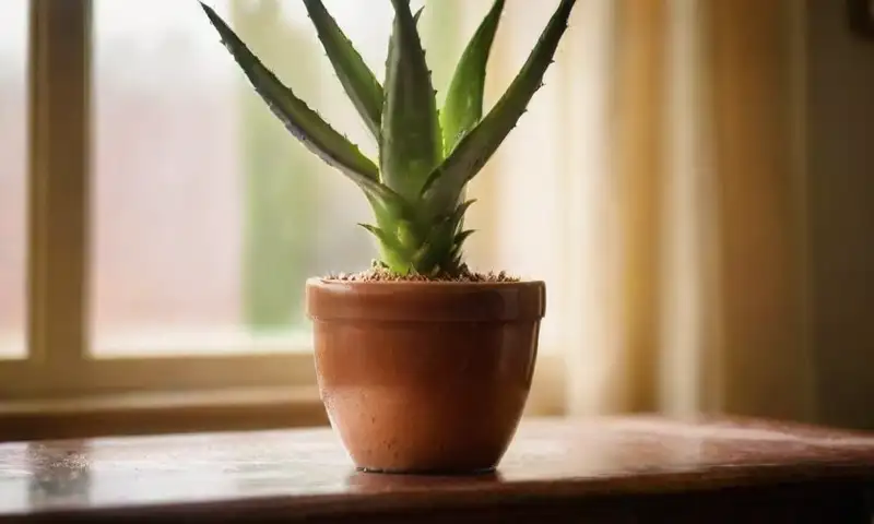Hojas de aloe vera brillantes y carnosas en un ambiente sereno iluminado por la luz de la tarde