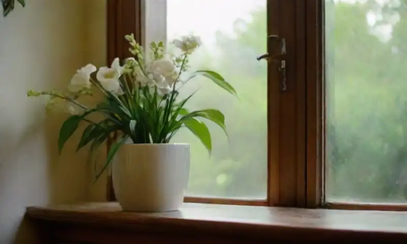 Un arreglo armonioso de plantas con hojas verdes brillantes y flores blancas que crea un ambiente cálido y sereno
