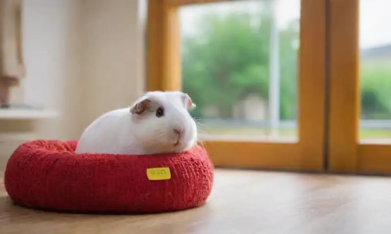 Una jaula interior espaciosa y luminosa con heno verde, una cobaya esponjosa y curiosa, y un ambiente acogedor
