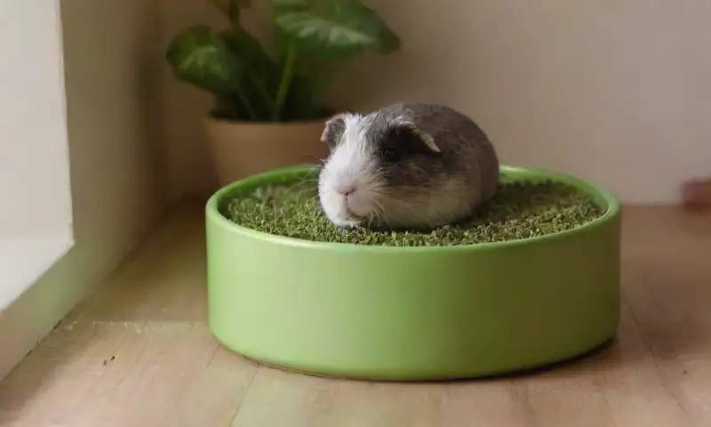 Una habitación iluminada con un hámster gris acurrucado en su jaula, rodeado de agua fresca, alimento de calidad y un rincón de cama suave