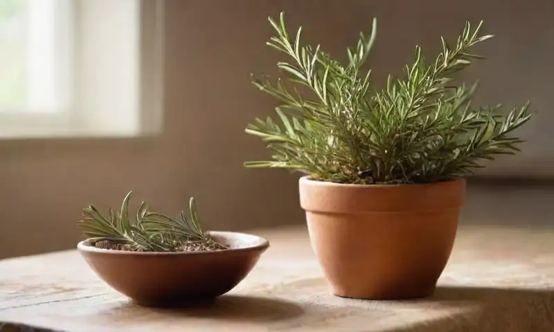 Planta de romero verde vibrante en una maceta rústica con un fondo acogedor de cocina y un ambiente fresco
