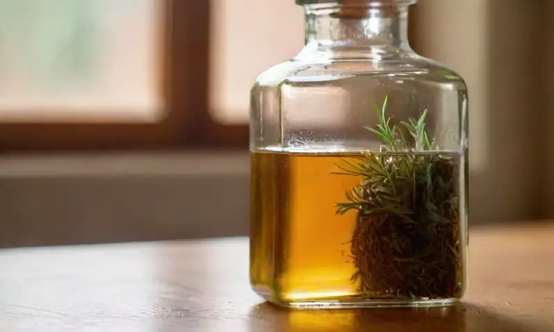 Una botella de cristal con líquido ámbar y ramitas de romero flota en un ambiente sereno y natural