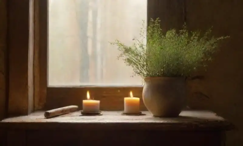 Una habitación acogedora y luminosa, llena de luz y aromas de hierbas, con un ambiente cálido y detalles rústicos