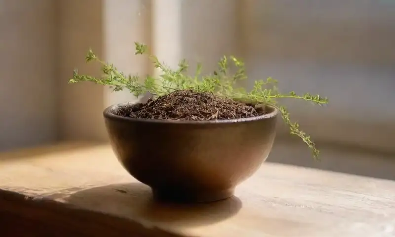 Una mesa rústica iluminada por el sol, con rue seca, una elegante cerámica y una mano alcanzando un tazón, crea una atmósfera serena y acogedora
