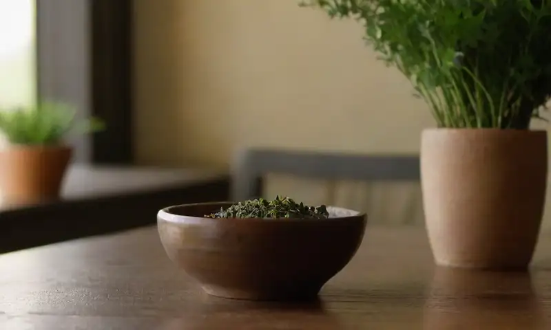 Una cocina acogedora con luz natural, una mesa de madera pulida, hojas secas de ruda en un tazón de barro, una vela parpadeante y una planta en maceta, todo en un ambiente sereno y rústico