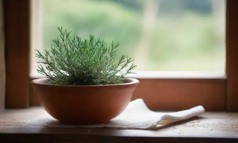 Una mesa de madera rústica, cubierta con un lienzo blanco y decorada con hierbas secas y frescas, crea un ambiente sereno y natural, iluminado suavemente por la luz del sol