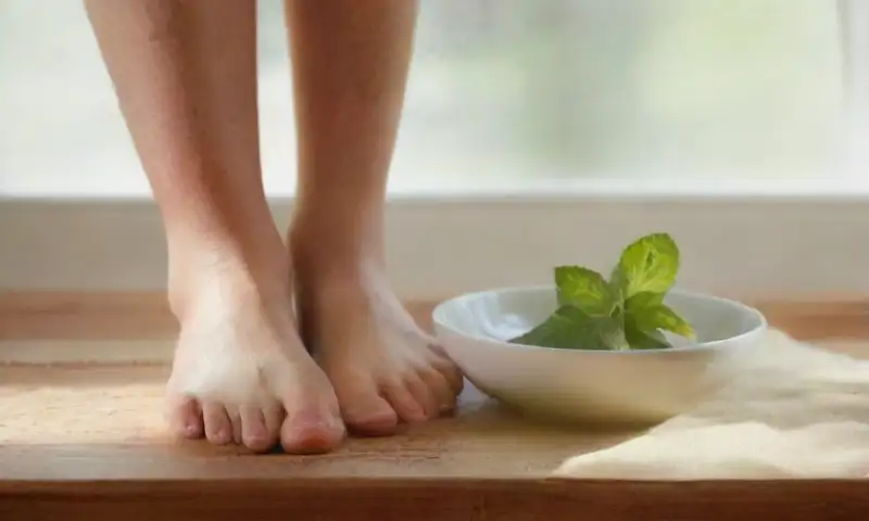 Una mesa rústica iluminada por el sol, con un cuenco de agua tibia y vinagre de manzana, mint frescos flotando y pies sumergidos, crea un ambiente sereno y acogedor