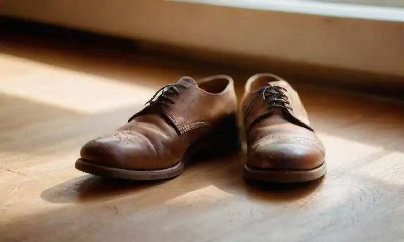 Un par de zapatos de cuero desgastados descansan sobre un piso de madera iluminado por la luz del sol, junto a un bowl de vinagre de manzana y un paño de algodón, capturando la esencia de la vida cotidiana