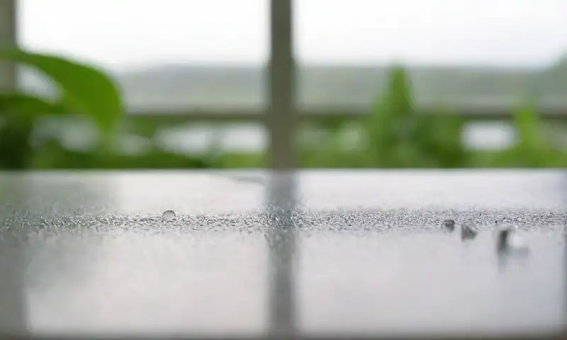 Una imagen detallada de superficies de vidrio con depósitos minerales, agua y productos de limpieza que resaltan la frescura