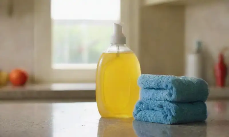 Una cocina brillante y soleada presenta botellas de limpieza y utensilios ordenados, reflejando un ambiente acogedor y pulcro