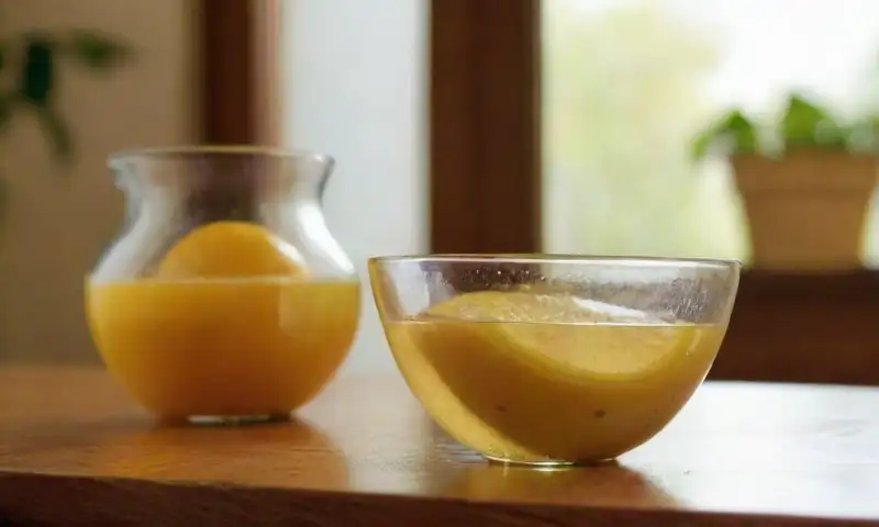 Un tazón de vidrio con vinagre refleja la luz junto a mitades de limón amarillo sobre una mesada de madera, creando una esencia fresca y limpia