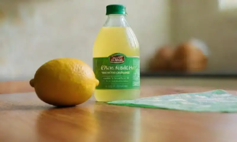 Un countertop de cocina iluminado por la luz natural muestra un detergente verde en una botella transparente junto a un cucharón de madera y una bowl de limones amarillos