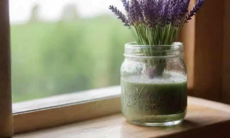 Un rústico mostrador de madera con jabón, sal y lavanda crea una atmósfera tranquila y natural