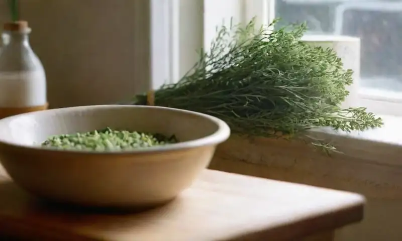 Una mesa de madera rústica con ajos, hierbas y utensilios de cocina crea un ambiente cálido y armónico