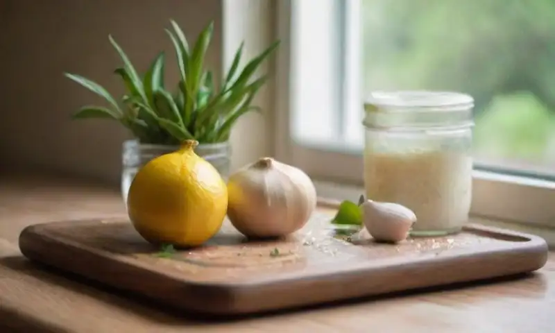 Una cocina luminosa y ordenada, llena de hierbas frescas, limón, ajo, vinagre casero y sal, que evoca frescura y remedios naturales