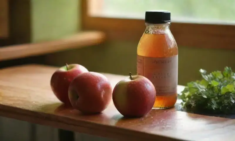 Una cocina iluminada con un mostrador de madera brillante, una botella de vinagre de manzana ámbar, hierbas frescas, un tazón de manzanas rojas y la calidez de un ambiente acogedor