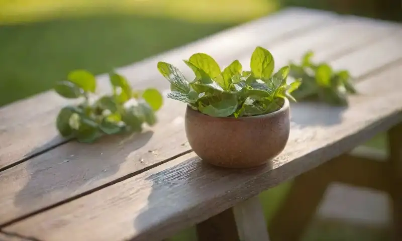 Una mesa de picnic de madera con luz dorada