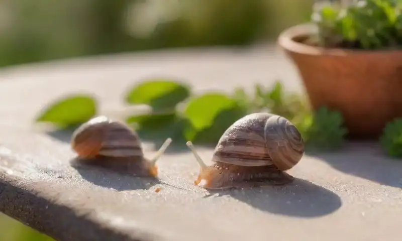 Una mesa de madera rústica, ligeramente desgastada, decorada con sal y plantas verdes, evoca una atmósfera serena en un jardín iluminado por la luz dorada