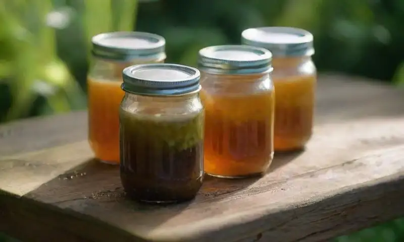 Una mesa de madera rústica con jarras de cerveza y caracoles en un jardín soleado