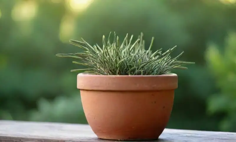 Una maceta de terracota con tonos anaranjados y un borde desgastado descansa sobre una cubierta de madera rústica