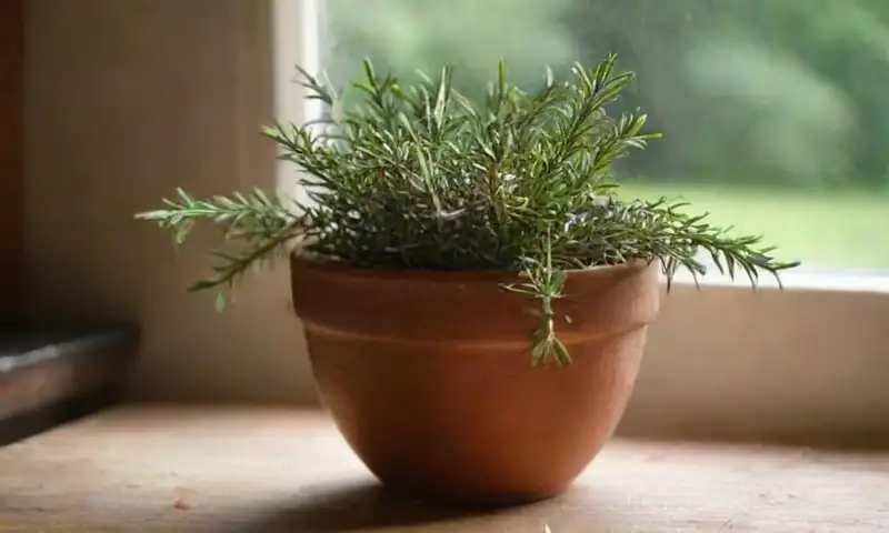 Una maceta de terracota, llena de romero vibrante y riego, descansa sobre una mesa de madera, iluminada por la suave luz matutina