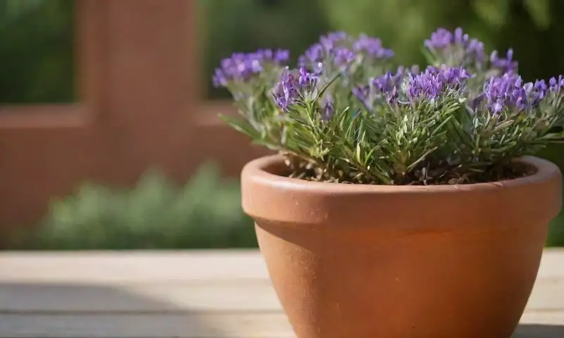 Una maceta de terracota sobre una mesa de jardín muestra romero fresco rociado de rocío, con flores moradas y un ambiente soleado que resalta sus detalles