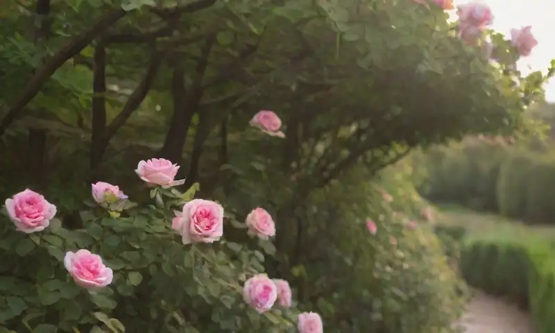 Un espléndido rosal trepador con flores rosas y hojas verdes brilla bajo la luz del amanecer, rodeado de un jardín sereno