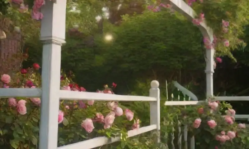 Un jardín sereno con un enrejado verde y rosas vibrantes iluminadas por la luz del sol