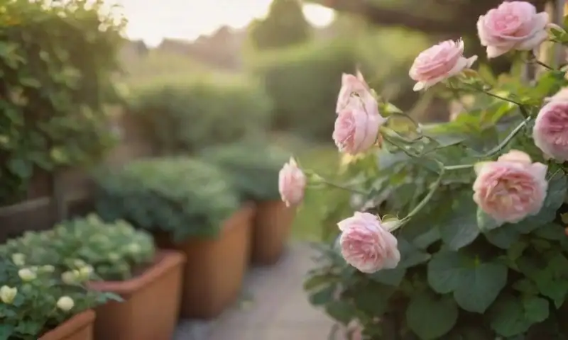 Un jardín vibrante con hojas verdes, rosas suaves y un trellis de madera, todo iluminado por el sol en un ambiente acogedor