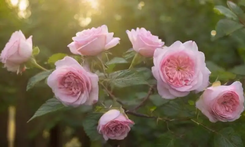 Un espléndido jardín con rosas rosadas y follaje verde brillante es iluminado por la suave luz matutina