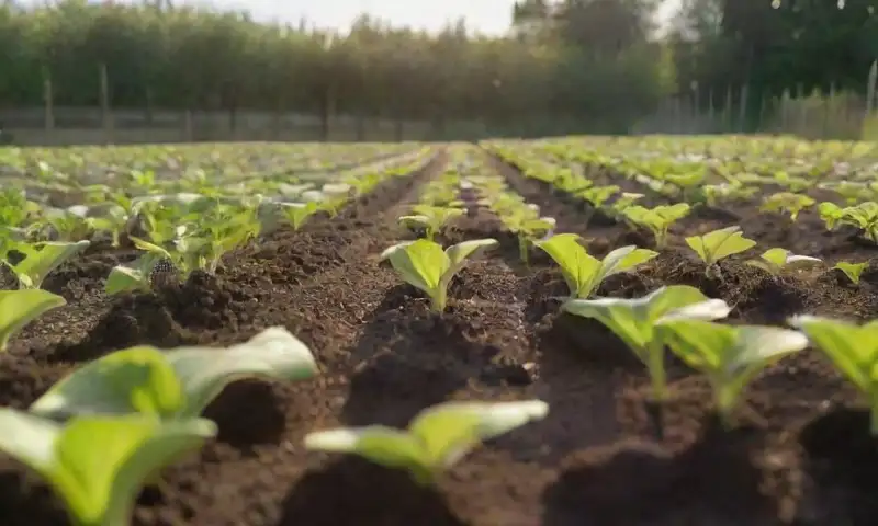 Un jardín vibrante y bien cuidado con plántulas de berenjena brillando bajo un cielo azul y una suave brisa