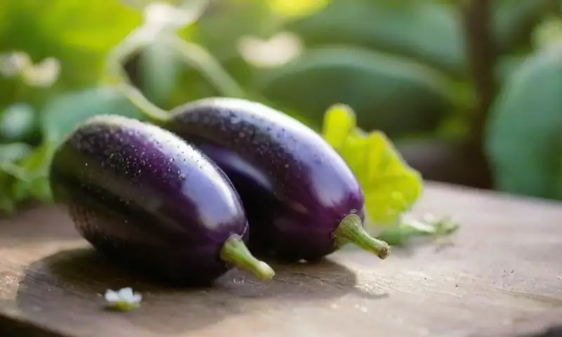 Un vibrante y soleado jardín presenta berenjenas moradas brillantes rodeadas de hojas verdes y flores blancas, sobre un suelo húmedo y un table con madera desgastada