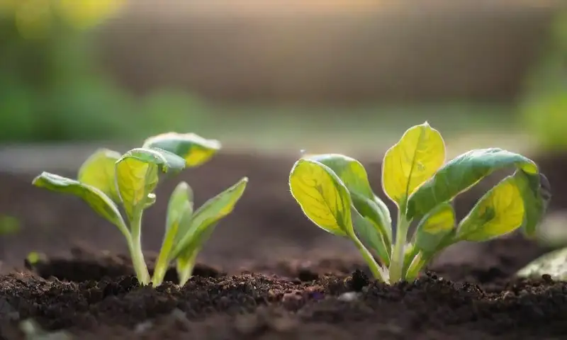 Un jardín soleado con tierra rica y húmeda, brotes de berenjena verdes, y un ambiente acogedor iluminado por el sol