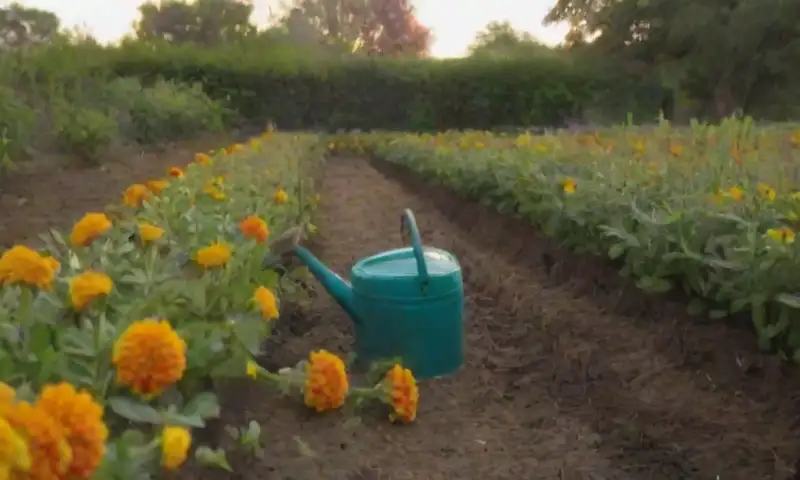 Un jardín vibrante y soleado muestra tierra oscura, brotes verdes, y flores de maravilla, todo bajo un cielo azul salpicado de nubes