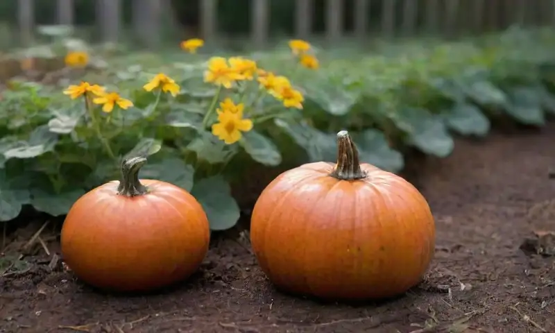 Un jardín soleado con calabazas naranjas entre hojas verdes y flores amarillas, todo iluminado por la luz de la mañana