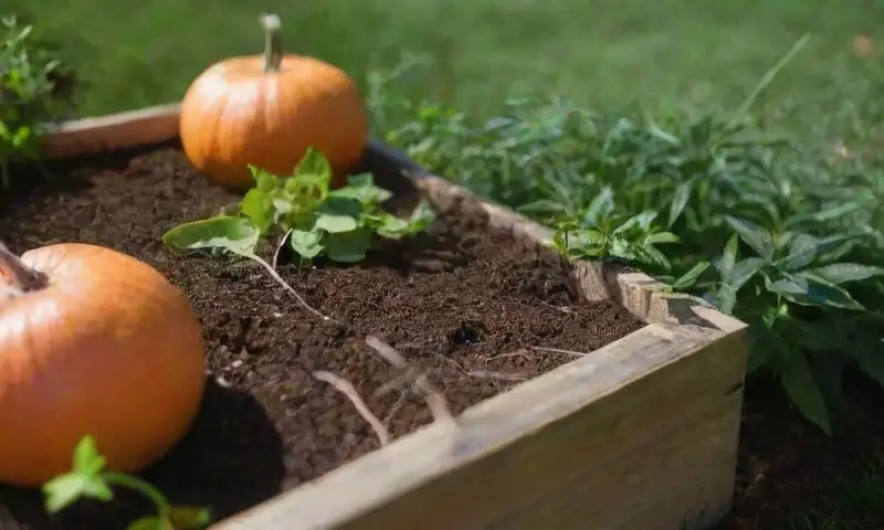 Un jardín soleado con semillas de calabaza sobre suelo oscuro, brotes verdes emergiendo y herramientas de jardinería, creando una atmósfera viva y serena