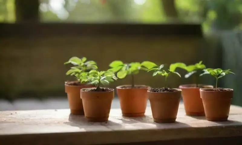 Un sole brillante ilumina una mesa de madera con semillas de calabaza y macetas terracota llenas de tierra, algunas con brotes verdes, rodeada de hojas vibrantes y un cuaderno de jardín abierto junto a una paleta