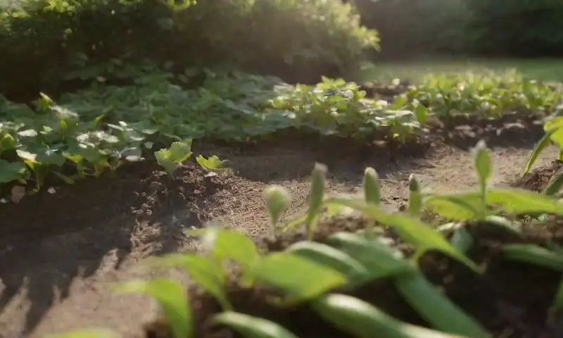 Un jardín bien organizado con suelo oscuro y fértil, semillas de frijol, herramientas de jardinería cercanas y un ambiente tranquilo bajo la luz suave de la mañana