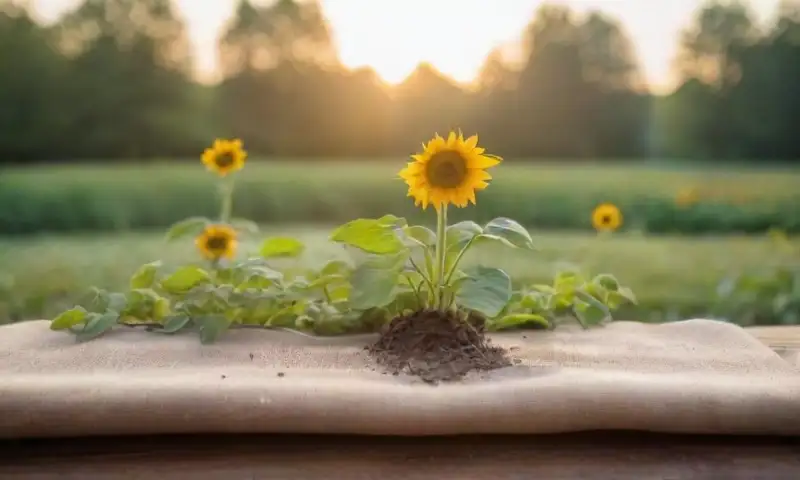 Un jardín iluminado por la mañana muestra vibrantes plantas de frijol, flores blancas, y un suelo rico con sombras de girasoles y un cielo azul claro
